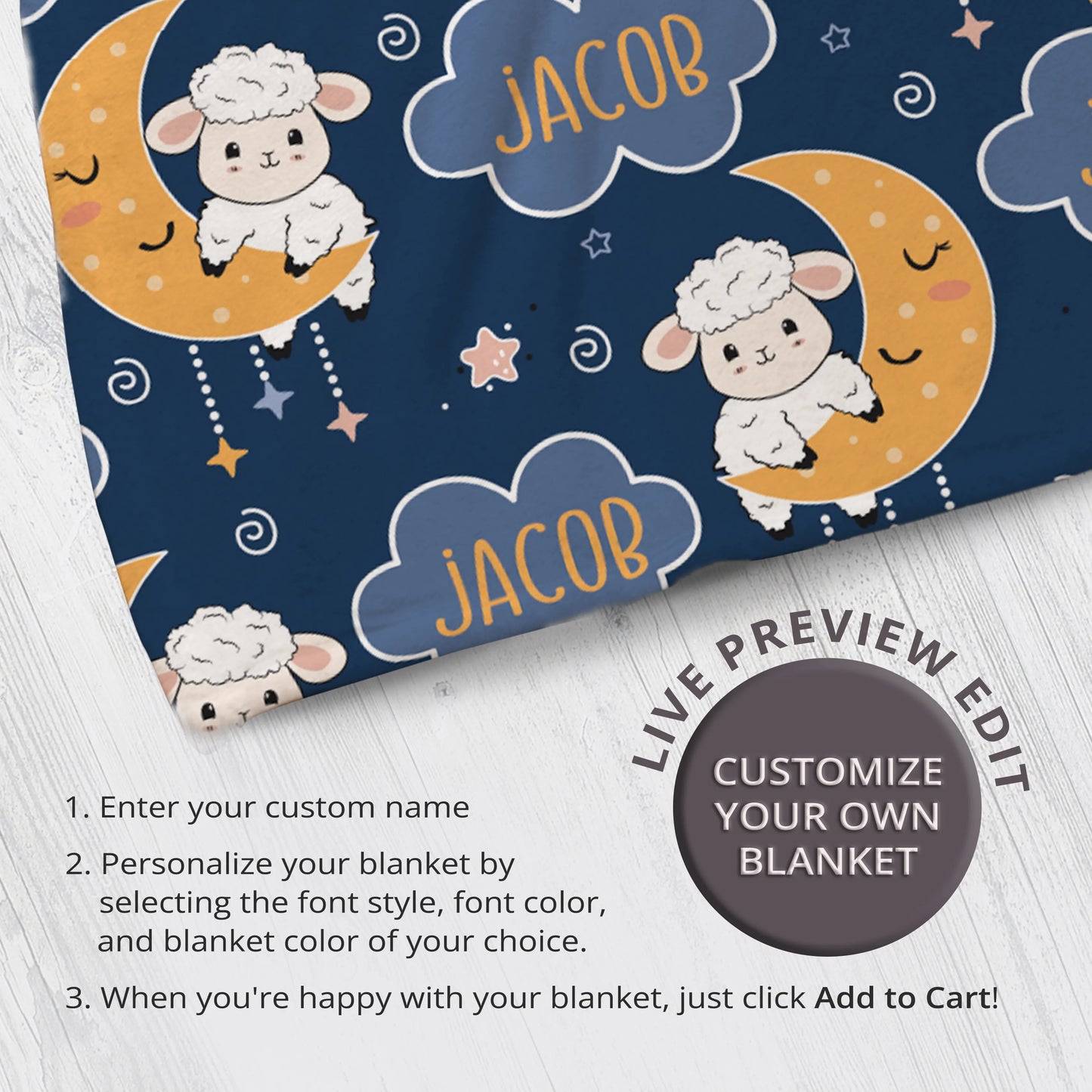 Personalized Gift | Custom Name Blanket For Kids | Moon and Sheep BL-05