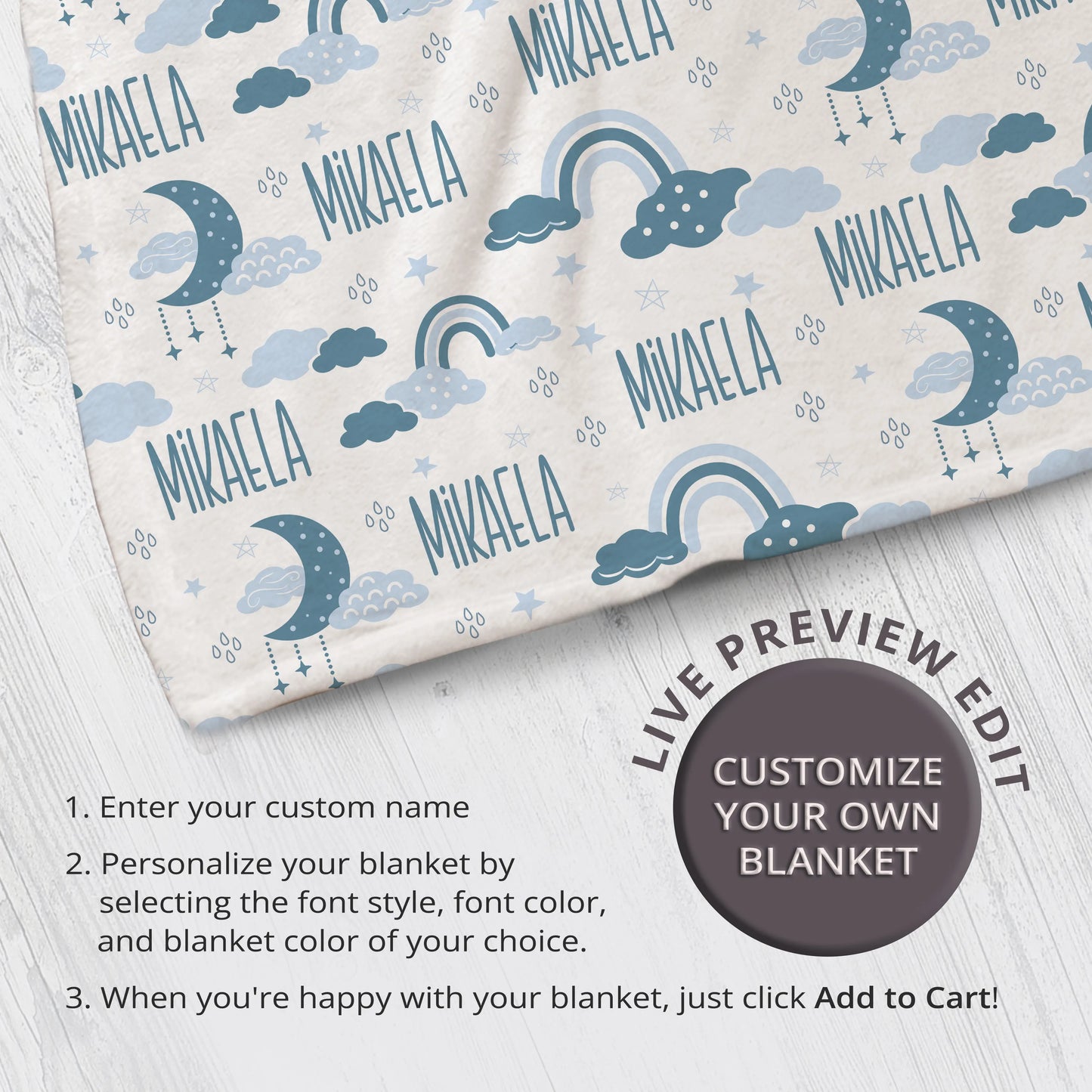 Personalized Gift | Custom Name Blue Rainbow Blanket For Kids BL-15
