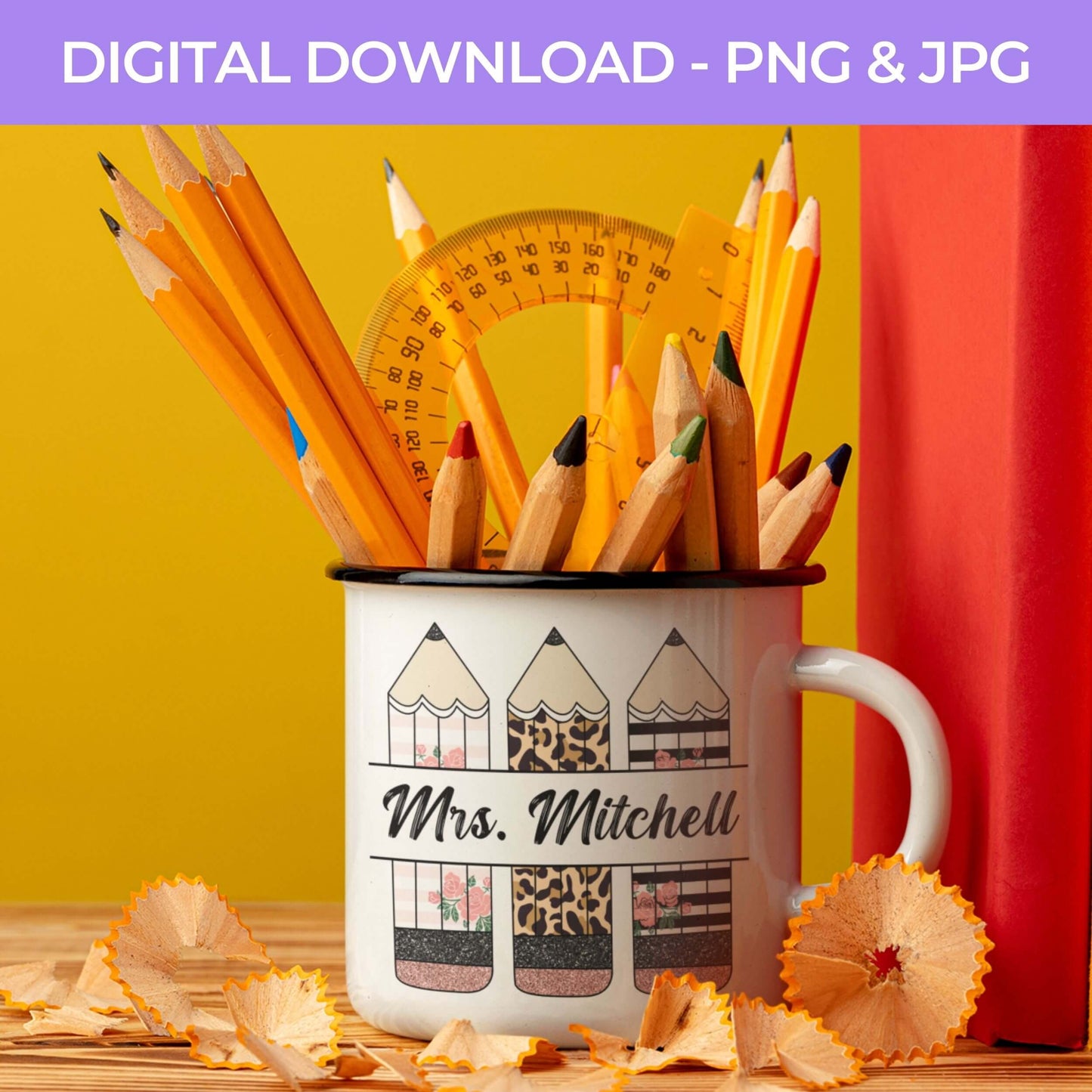 Back To School | Pencil Name Frame PNG, JPG Teacher School, Digital Download 055