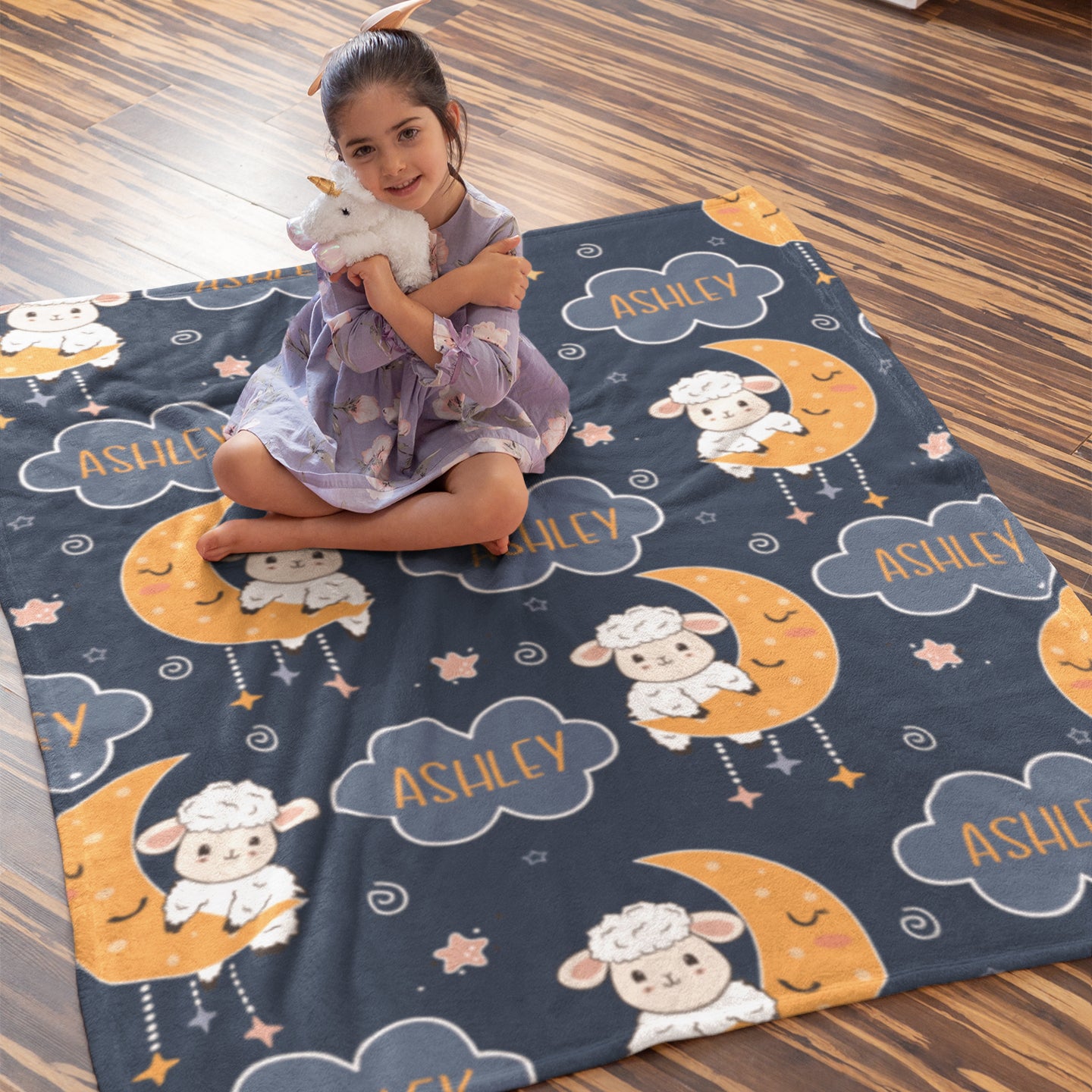 Personalized Gift | Custom Name Blanket For Kids | Moon and Sheep BL-05