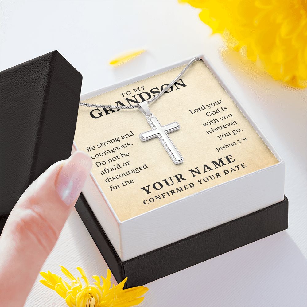 Personalized Confirmation Gift For Boy - Grandson | Be Strong Cross Necklace 0805T2SSCN