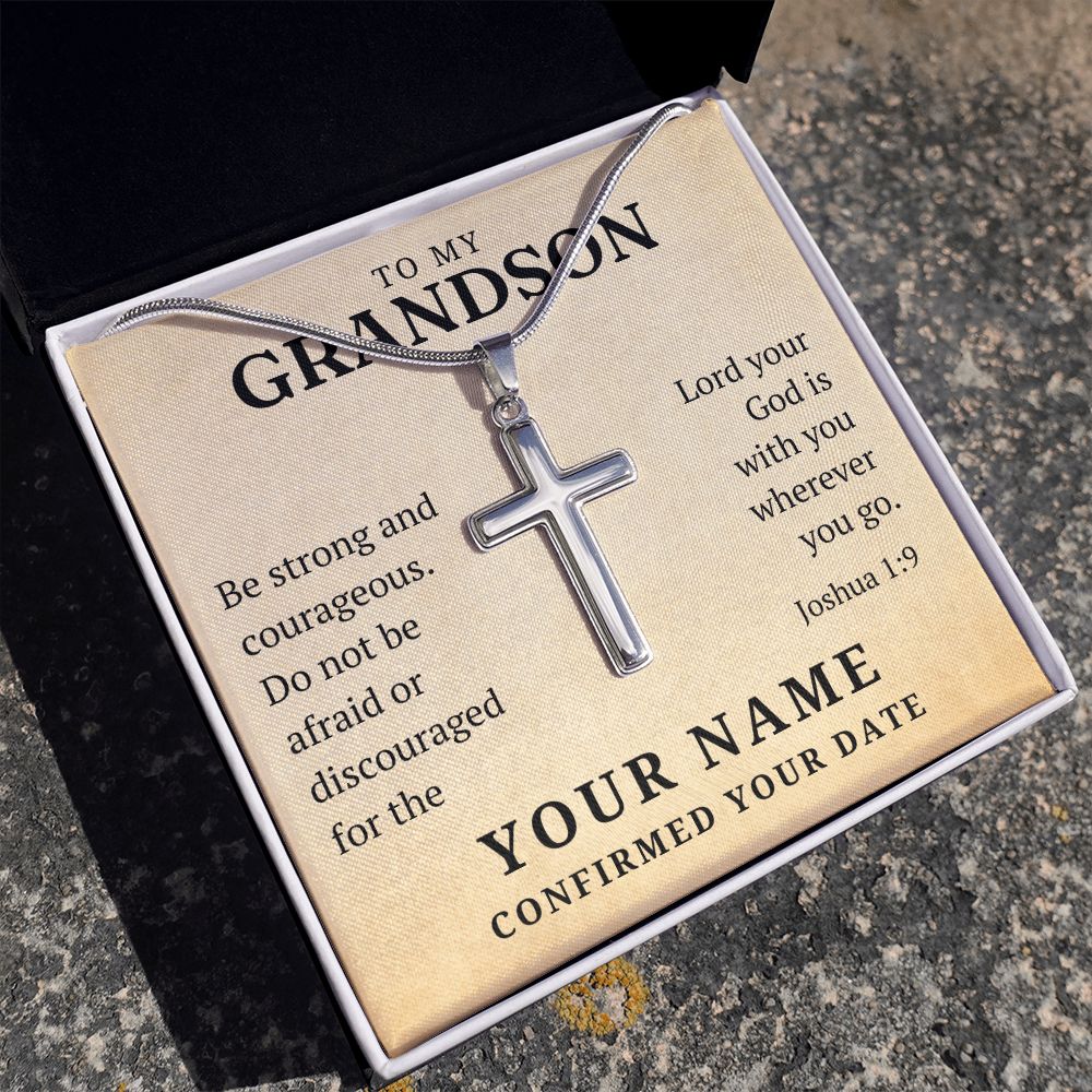 Personalized Confirmation Gift For Boy - Grandson | Be Strong Cross Necklace 0805T2SSCN