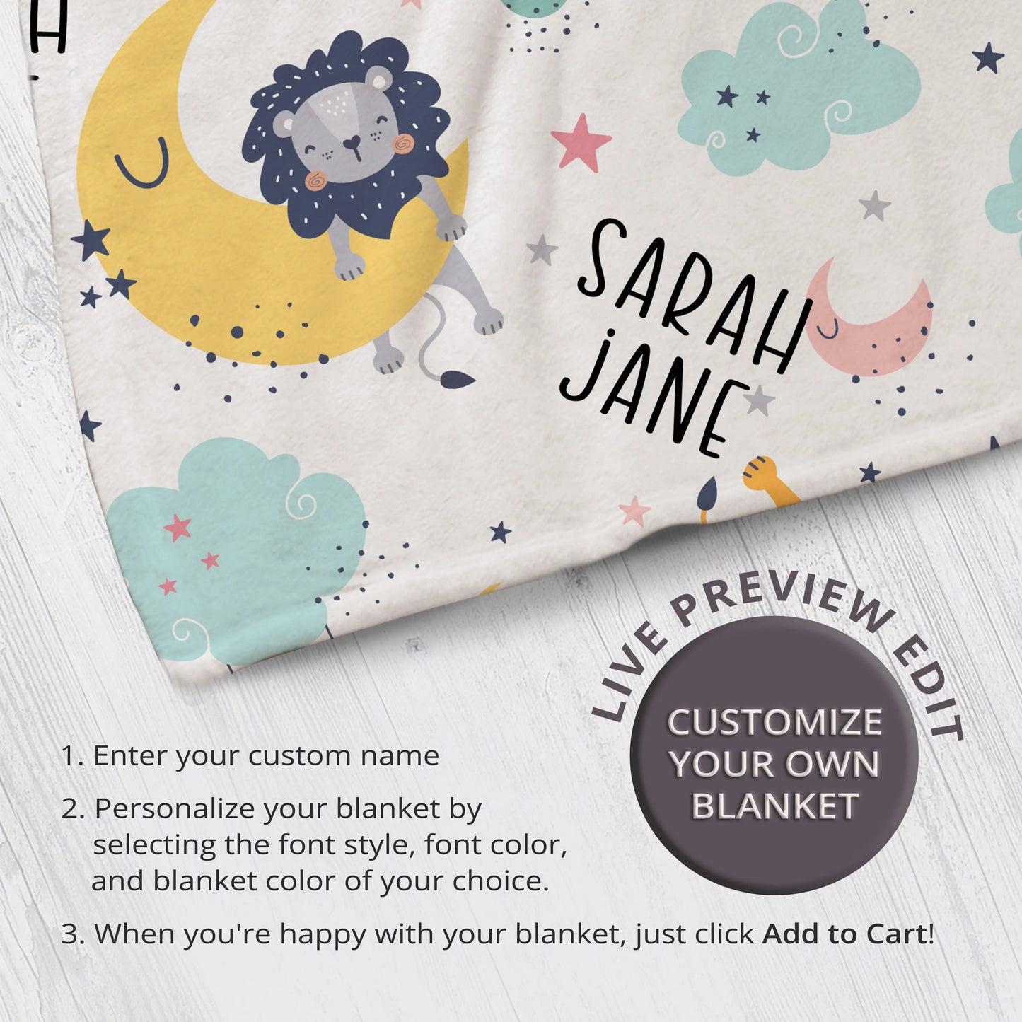 Personalized Gift | Custom Name Blanket For Kids | Happy Lion BL-16