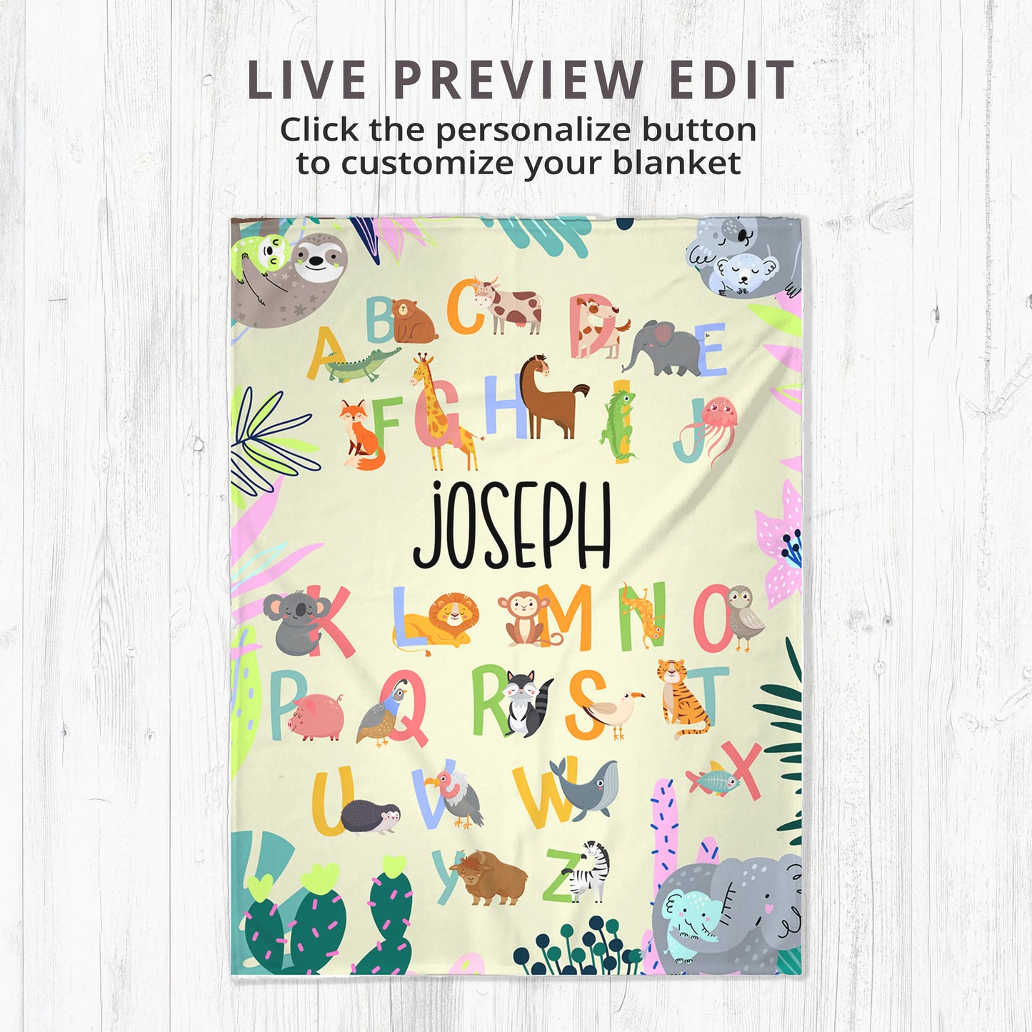 Personalized Gift | Custom Name Blanket For Kids | Alphabet and Animals BL-18