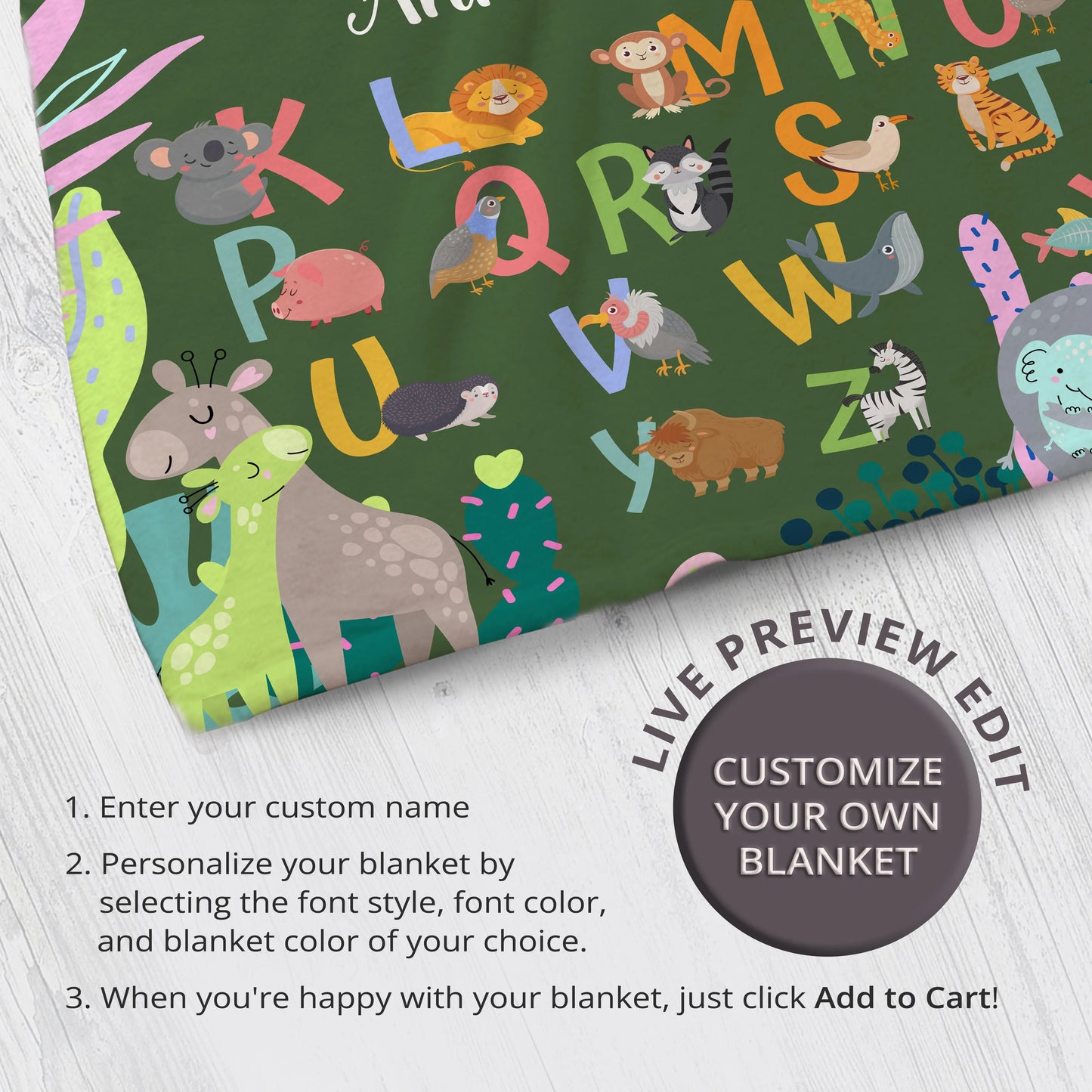 Personalized Gift | Custom Name Blanket For Kids | Alphabet and Animals BL-18