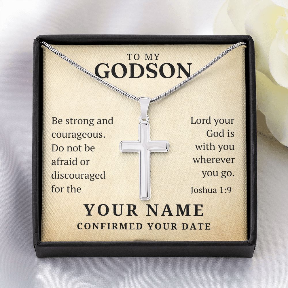 Personalized Confirmation Gift For Boy - Godson | Be Strong Cross Necklace 0826T2SSCN