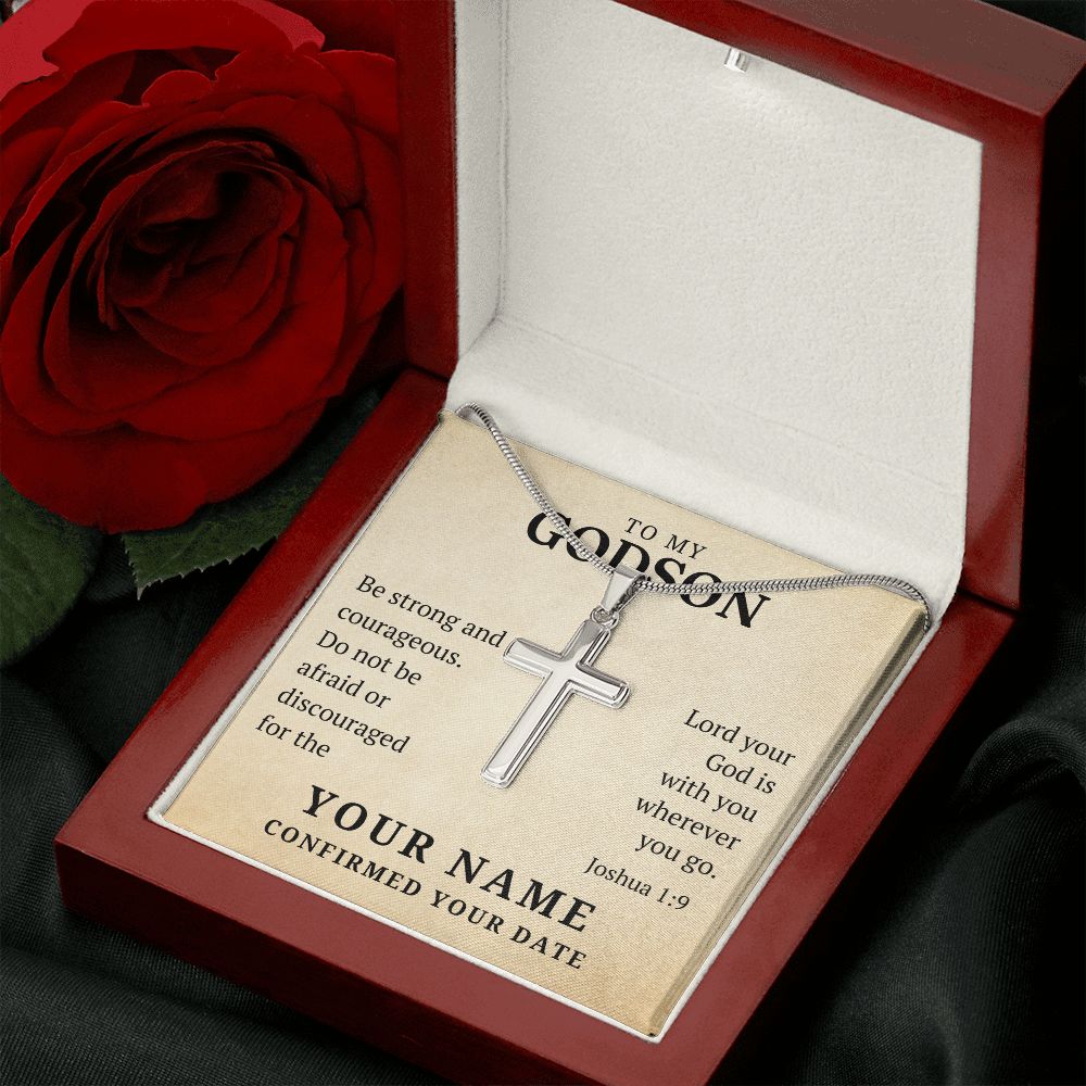 Personalized Confirmation Gift For Boy - Godson | Be Strong Cross Necklace 0826T2SSCN